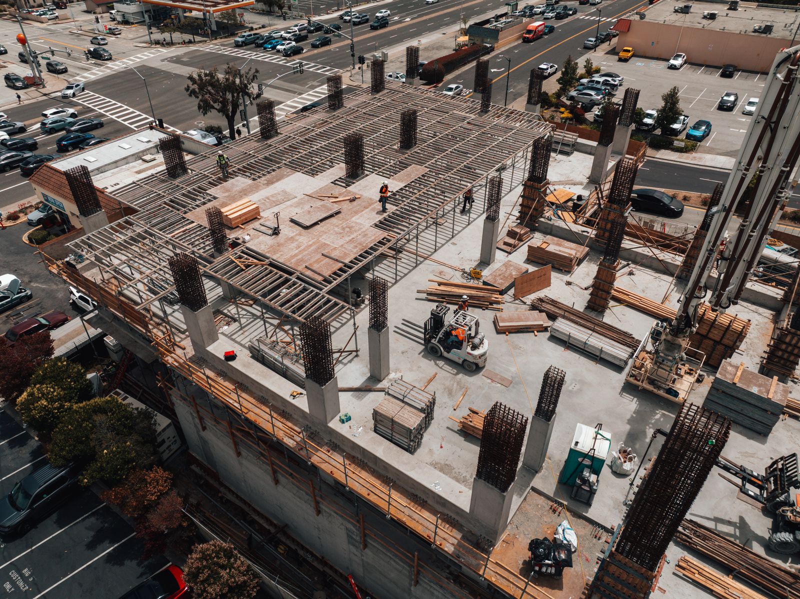 Top-down view of rebar deck and crew — 840 San Bruno Ave